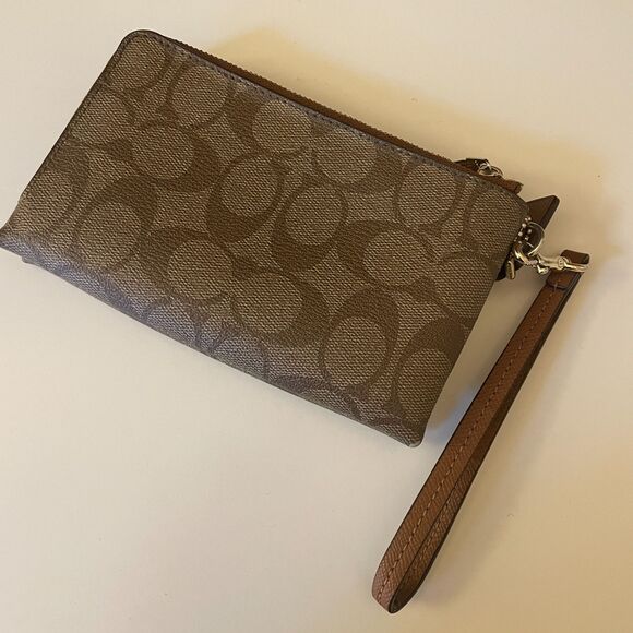 Coach Double Zip Wristlet Signature Khaki Brown Coated Canvas Leather - Picture 3 of 7